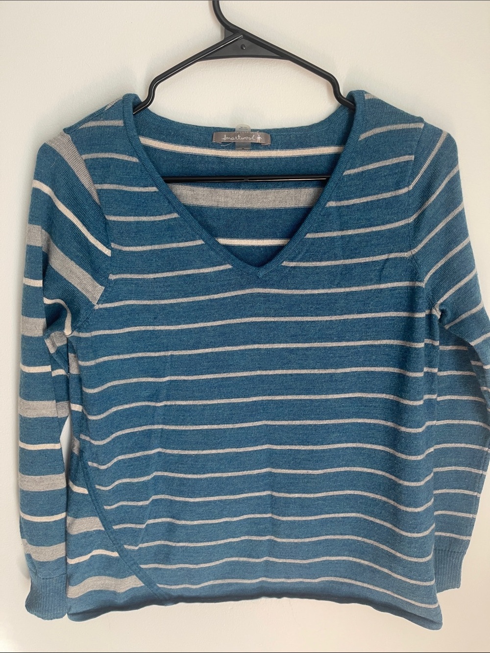 Smartwool Teal and Light Gray Striped V-Neck Sweater